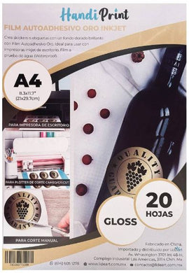 ADHESIVO ORO INKJET GLOSS A4*20 HANDI PRINT a prueba de agua (Waterproof)