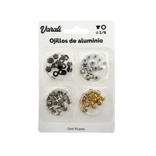 Cargar imagen en el visor de la galería, OJILLOS 1/8 "50 PZA MIX BLANCO,NEGRO, DORADO,PLATA VARALI - Varios colores