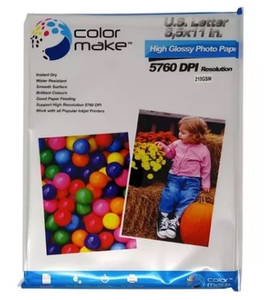 Papel fotográfico HIGH GLOSSY 50 hojas 8.5 x 11 in. 210 gr/m2 Color Make