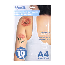 Cargar imagen en el visor de la galería, Papel para tatuajes transparente A4 Inkjet 10 sets Quelli
