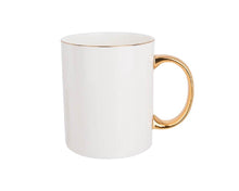 Cargar imagen en el visor de la galería, Taza blanca de porcelana con borde y asa dorado Sublimarts