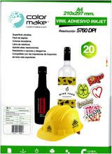 Cargar imagen en el visor de la galería, Vinil Adhesivo Imprimible Inkjet Blanco Mate A4 Color Make 20 hojas (Resistente a gotas de agua)