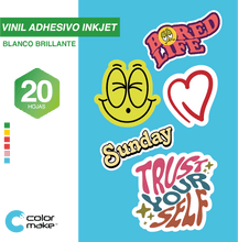 Cargar imagen en el visor de la galería, Vinil Adhesivo Imprimible Inkjet Blanco Brillante A4 20 hojas Color Make (Resistente a gotas de agua)