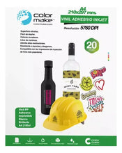 Cargar imagen en el visor de la galería, Vinil Adhesivo Imprimible Inkjet Blanco Brillante A4 20 hojas Color Make (Resistente a gotas de agua)